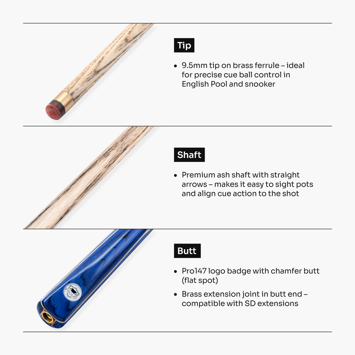 PRO147 Trident 57 Inch 1 Piece Hand Spliced Ash Snooker and Pool Cue with 9.5mm Tip