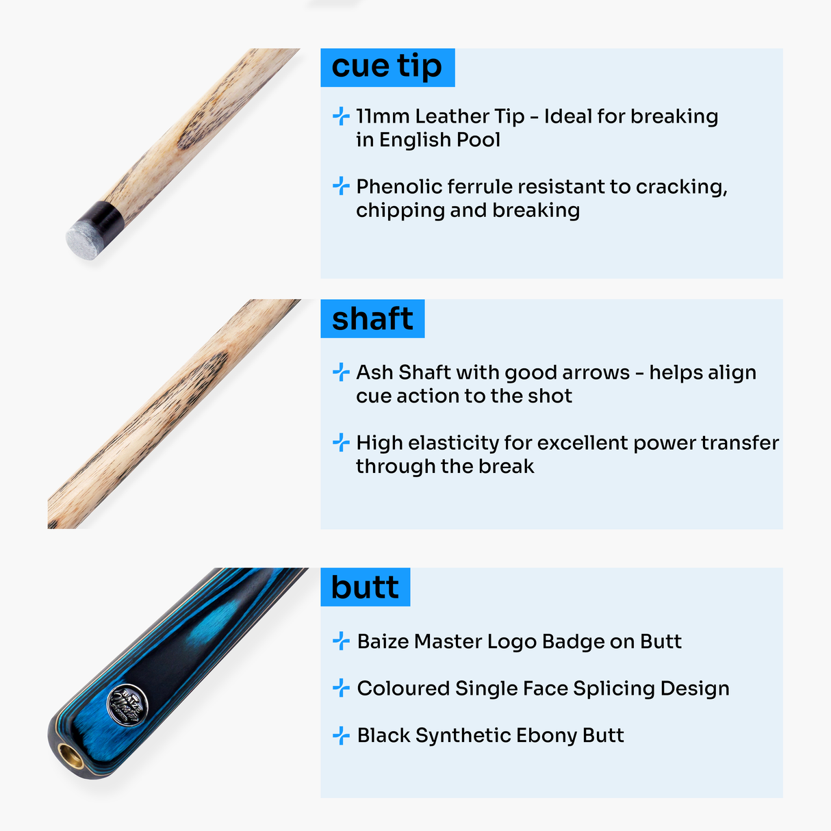Baize Master Blue Crusher 57 Inch ¾ Joint English Pool Break Cue - 11mm Tip – For Breaking Only