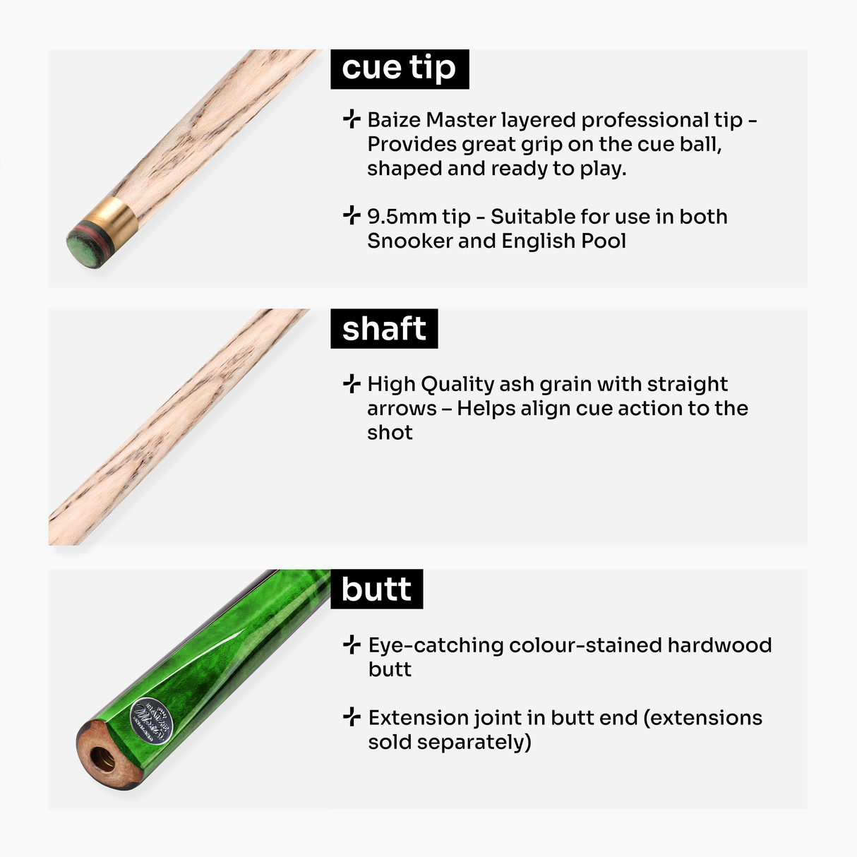 Baize Master CONQUEST 52 Inch 2 Piece Junior Snooker Pool Cue with 9.5mm Tip