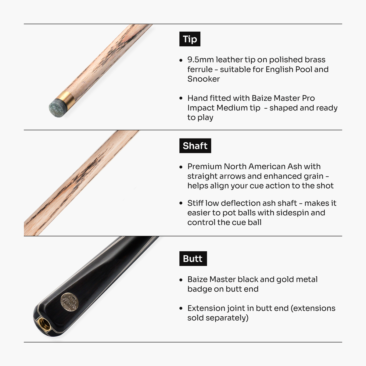 Baize Master Midnight Centurion 58 Inch 1 Piece Snooker and Pool Cue with 9.5mm Pro Impact Tip