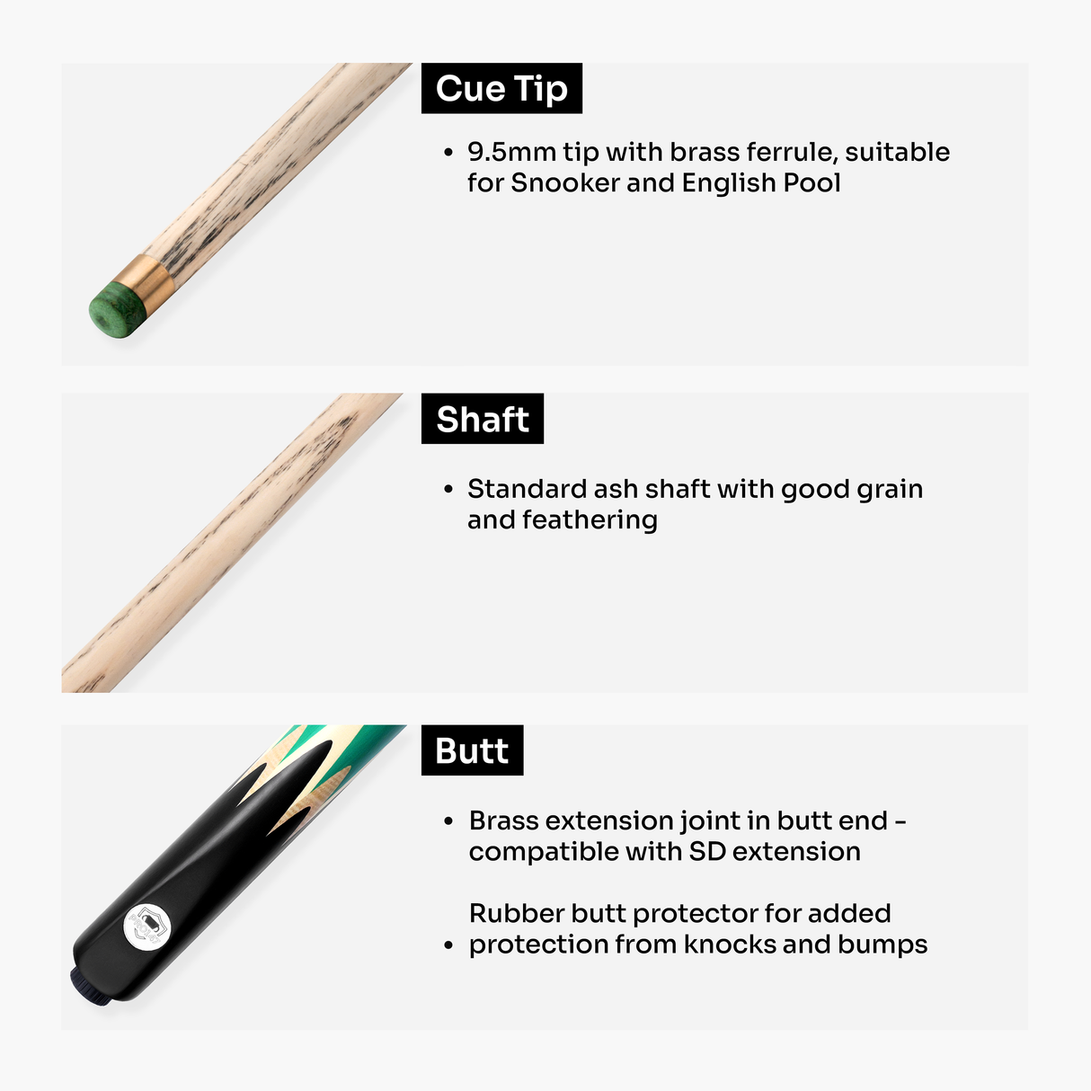 PRO147 Lancet 3/4 Joint Snooker and Pool Cue with 9.5mm Green Layered Tip