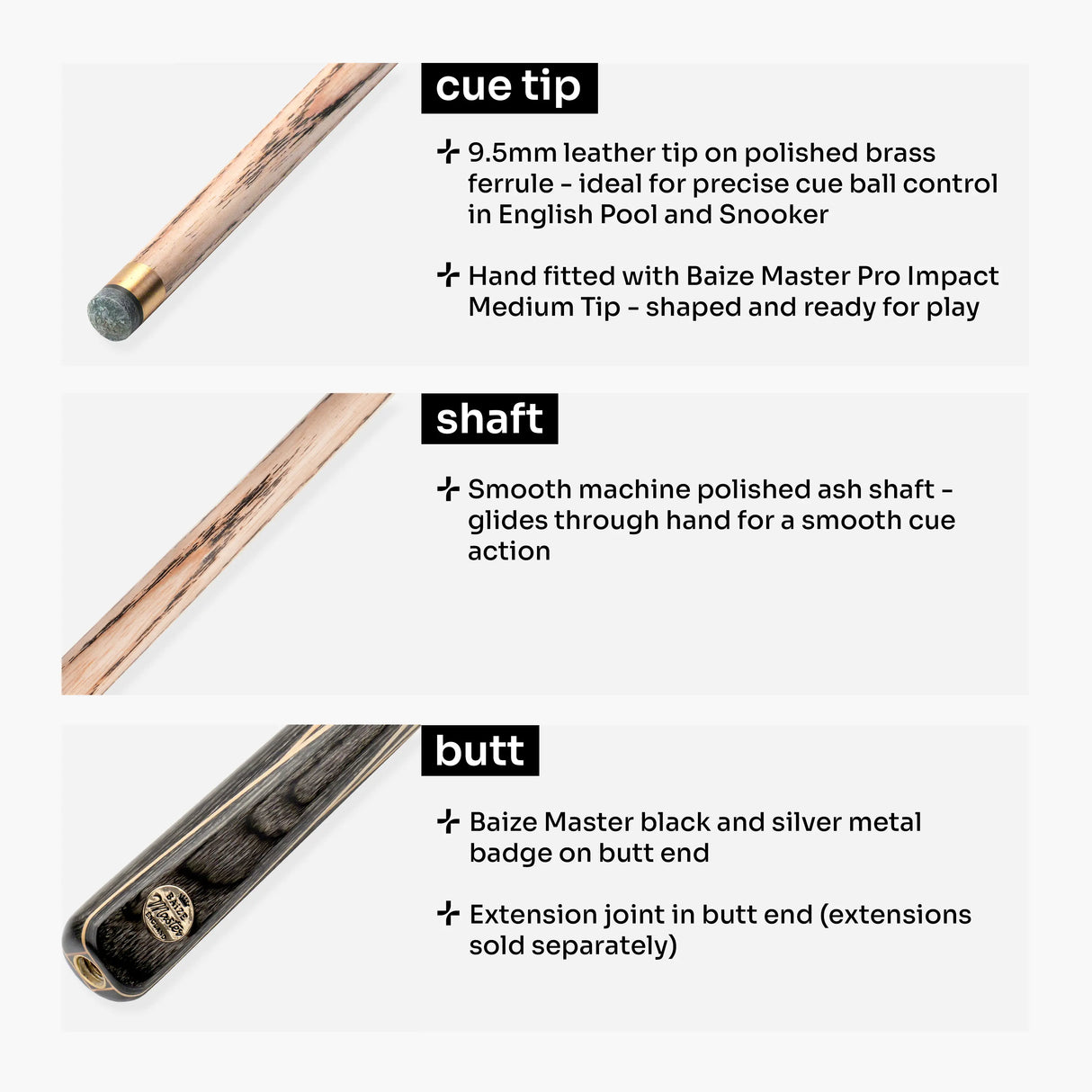 Baize Master EMPEROR 58 Inch ¾ Joint Snooker and Pool Cue with 9.5mm Baize Master Pro Impact Hybrid Tip Baize Master