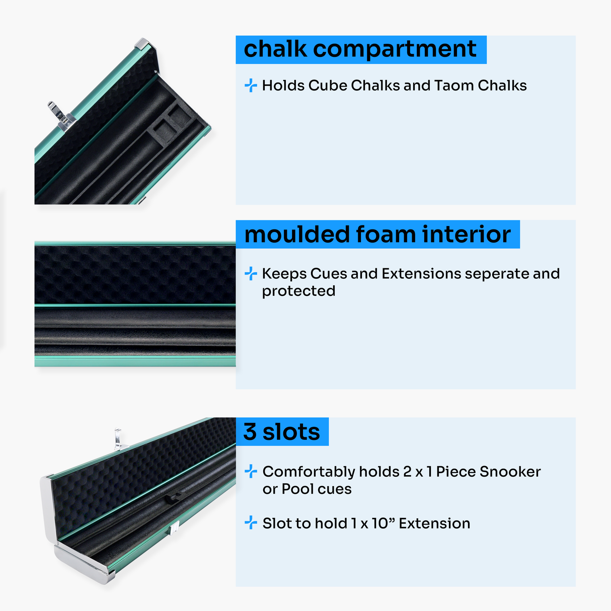 Baize Master Prestige 1 Piece Luxury Metal Cue Case - Holds 2 x 1 Piece Cues + Extensions + Accessories