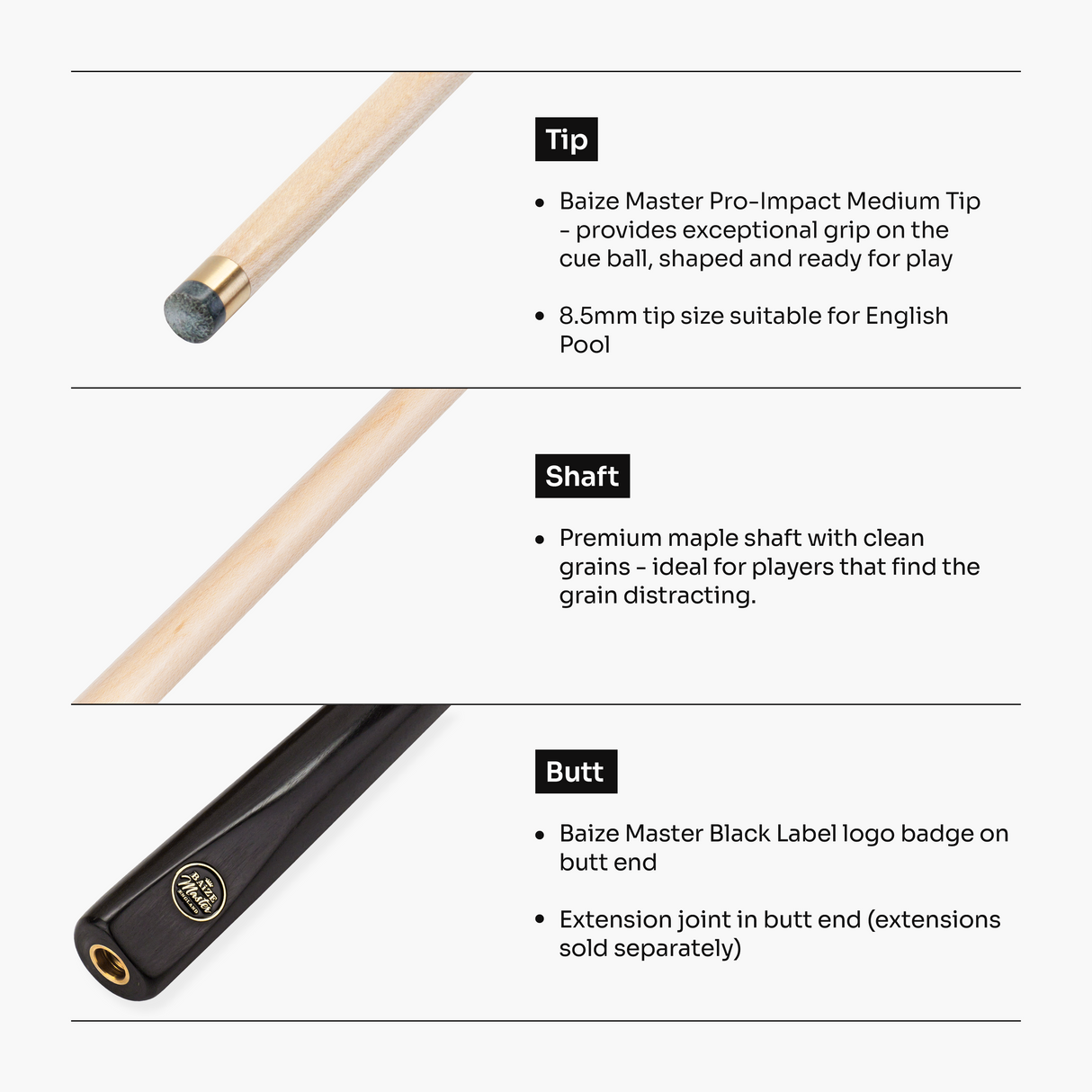 Baize Master Maple Classic ¾ Joint English Pool Cue with Maple Shaft and 8.5mm Pro Impact Tip Baize Master
