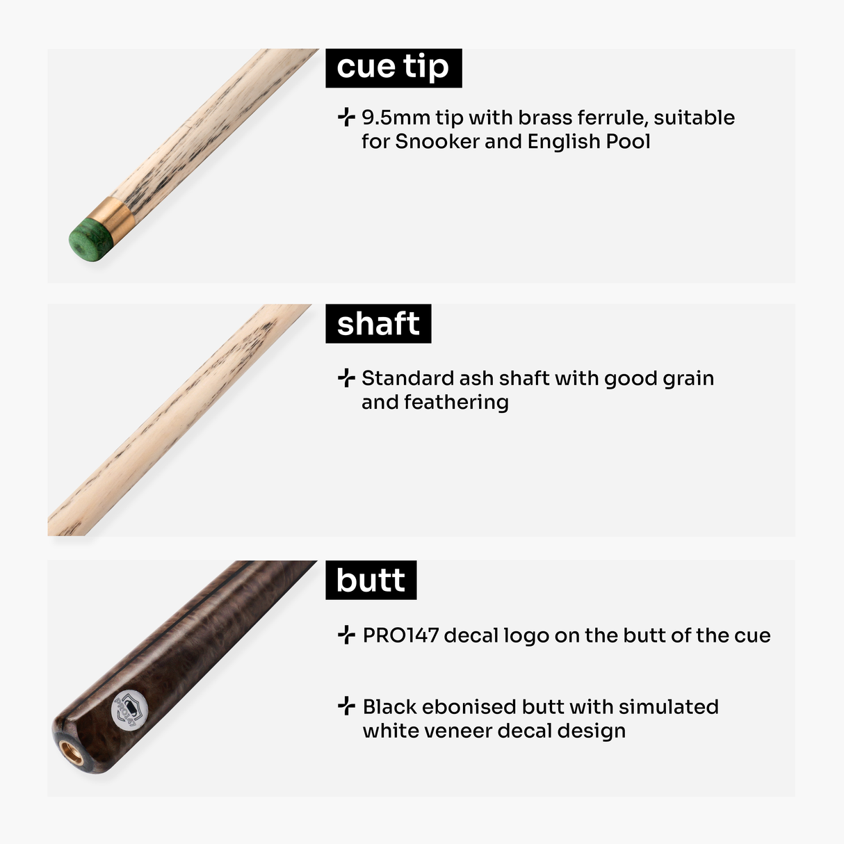 PRO147 Maple Eclipse 3/4 Joint Snooker and Pool Cue 9.5mm Green Layered Tip