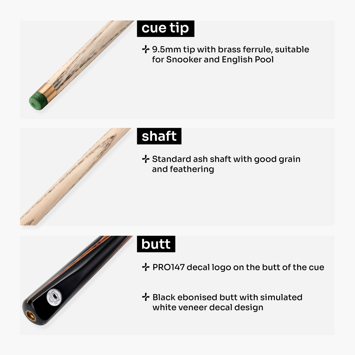 PRO147 Hazel Eclipse 3/4 Joint Snooker and Pool Standard Cue and Case Set with 9.5mm Green Layered Tip