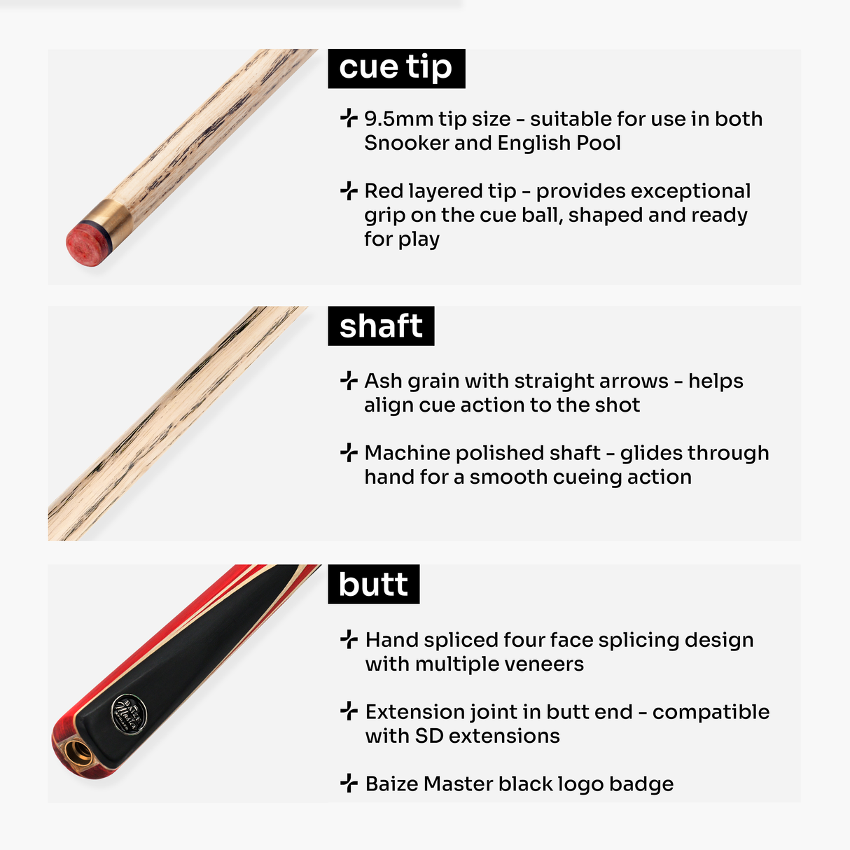 Baize Master CRUCIBLE 57 Inch 2 Piece Centre Joint Ash Snooker Pool Cue with 9.5mm Tip