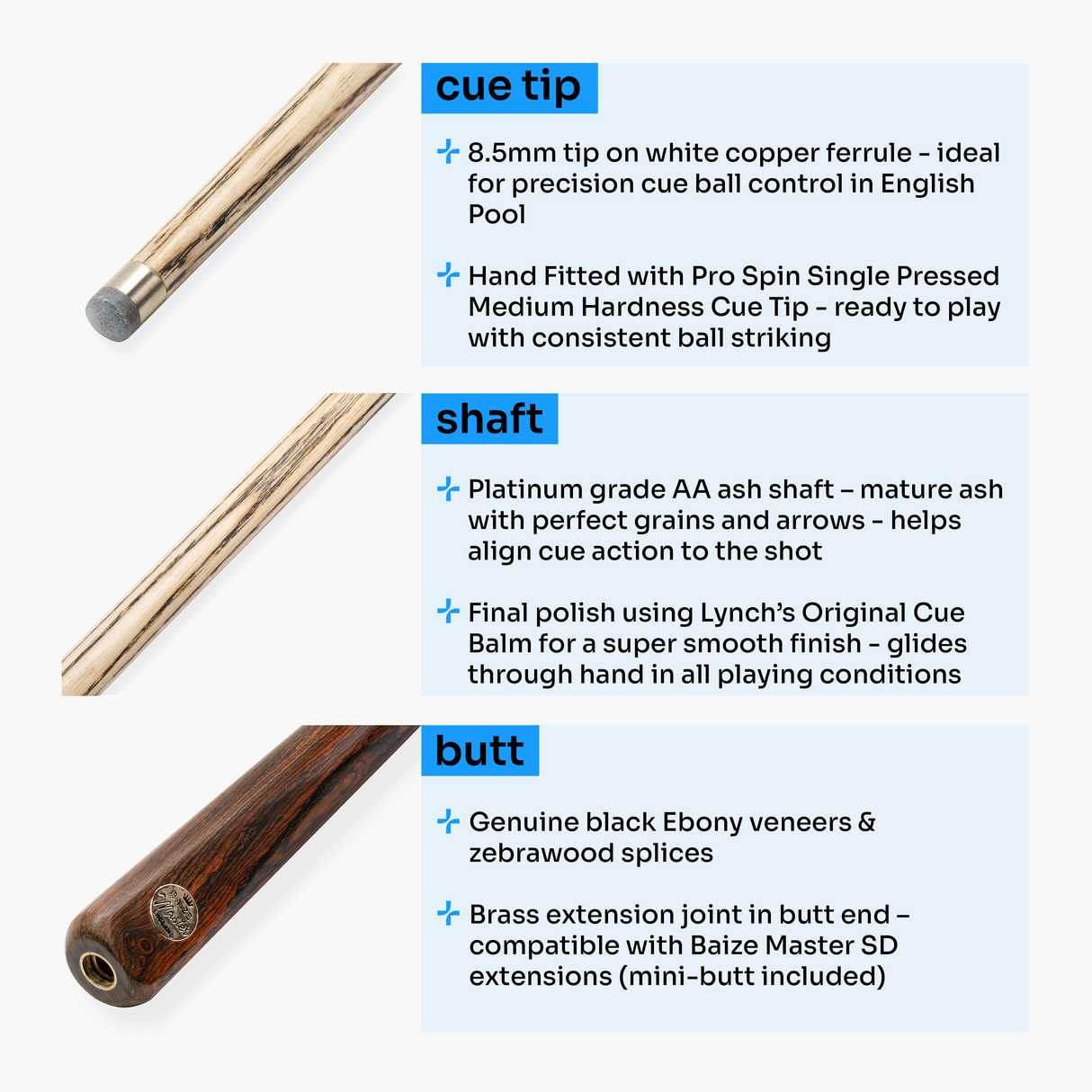 Baize Master Platinum Series BLUE FLAME 57 inch 1 Piece Luxury English Pool Cue 8.5mm Tip with Hand Fitted PRO SPIN Medium Tip - Hand Finished in the UK by Cue Care Jim using Lynch’s Cue Balm