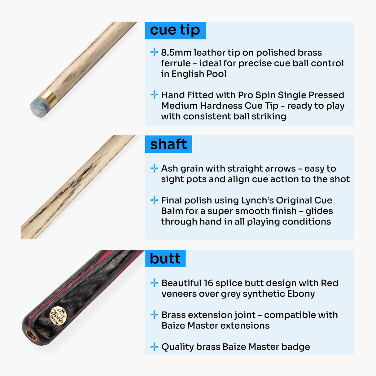 Baize Master G14 Emperor 57 Inch ¾ Professional English Pool Cue 8.5mm with with Hand Fitted PRO SPIN Medium Tip - Hand Finished in the UK by Cue Care Jim using Lynch’s Cue Balm