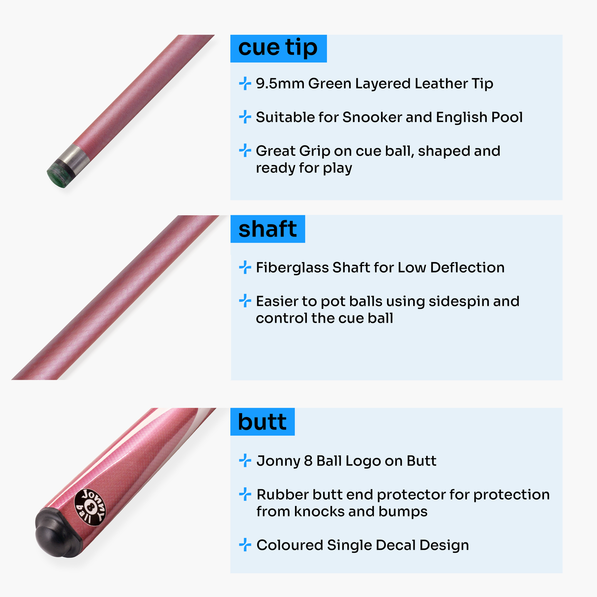 Jonny 8 Ball Inferno 2 Piece Graphite Fiberglass Snooker and Pool Cue 9.5mm Green Layered Tip