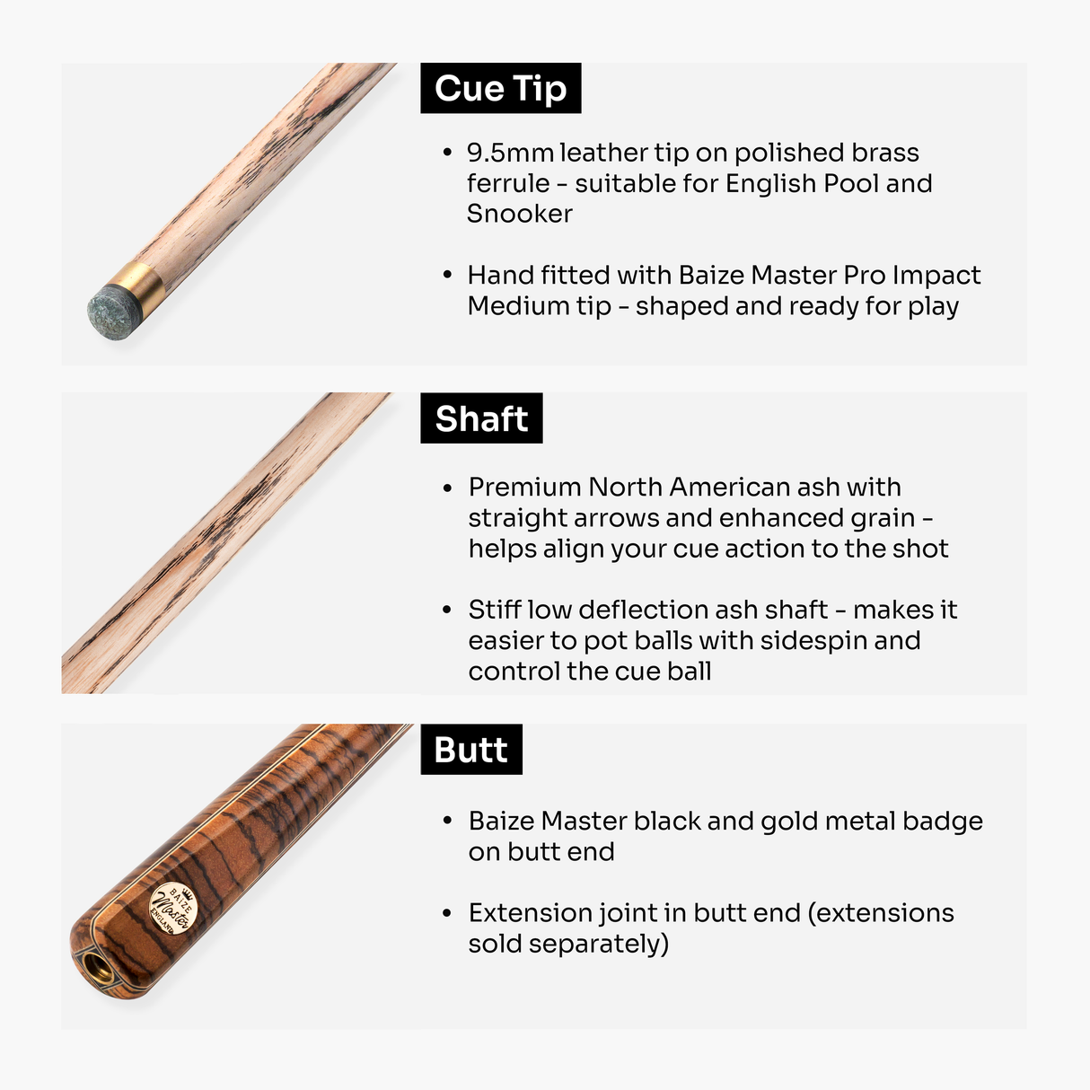 Baize Master Tiger Centurion 58 Inch 3/4 Joint Hand Spliced Snooker and Pool Cue with 9.5mm Pro Impact Hybrid Tip Baize Master