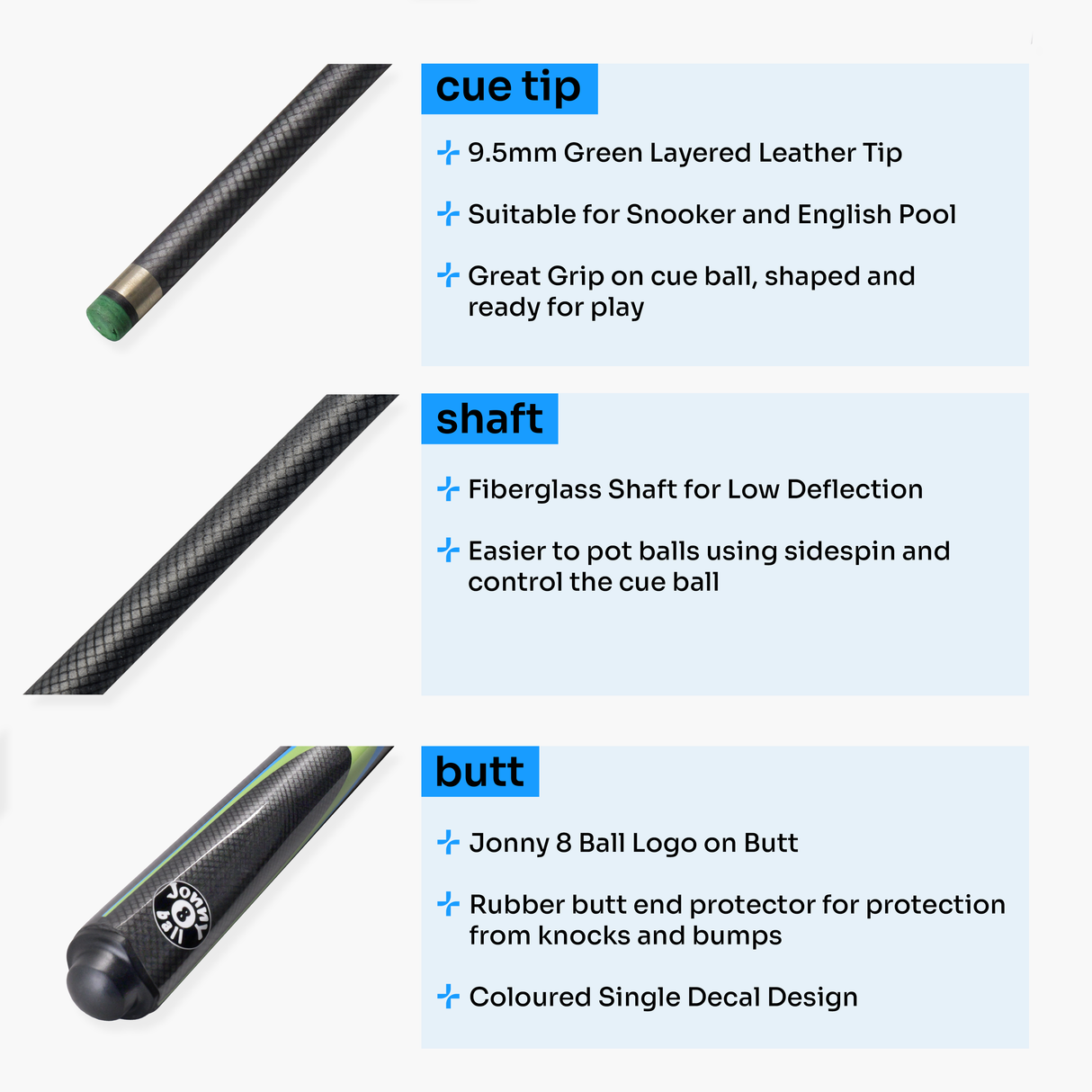 Jonny 8 Ball Inferno 2 Piece Graphite Fiberglass Snooker and Pool Cue 9.5mm Green Layered Tip