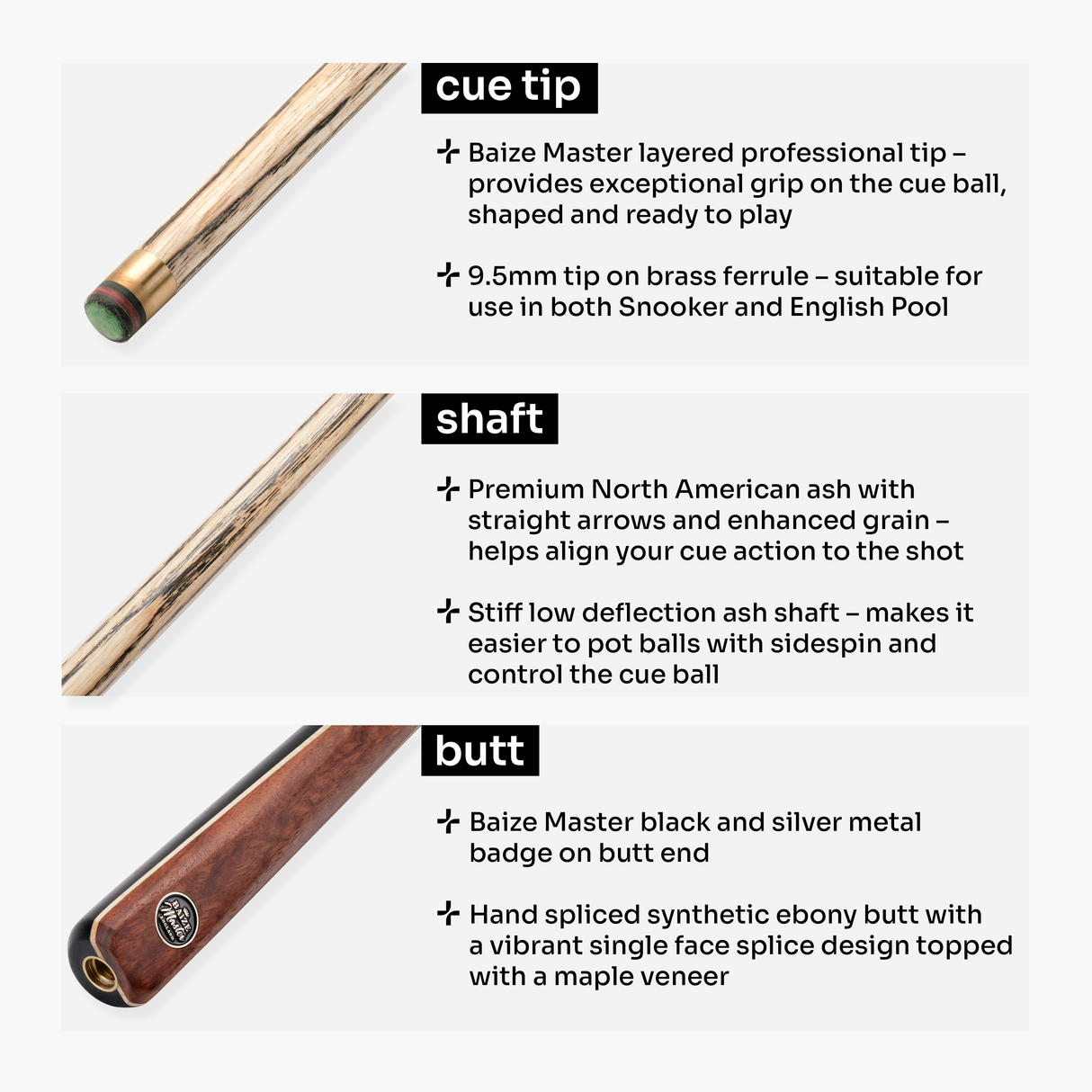 Baize Master BLACKLINE CLASSIC 2 Piece Snooker and Pool Cue 9.5mm Layered Tip