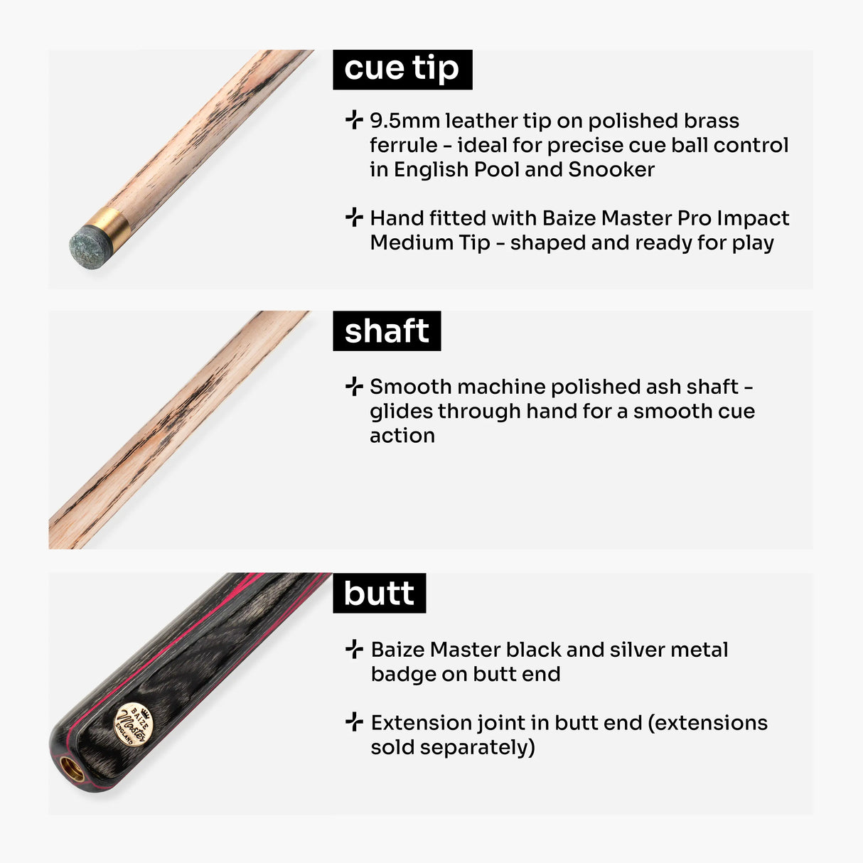 Baize Master EMPEROR 58 Inch ¾ Joint Snooker and Pool Cue with 9.5mm Baize Master Pro Impact Hybrid Tip Baize Master