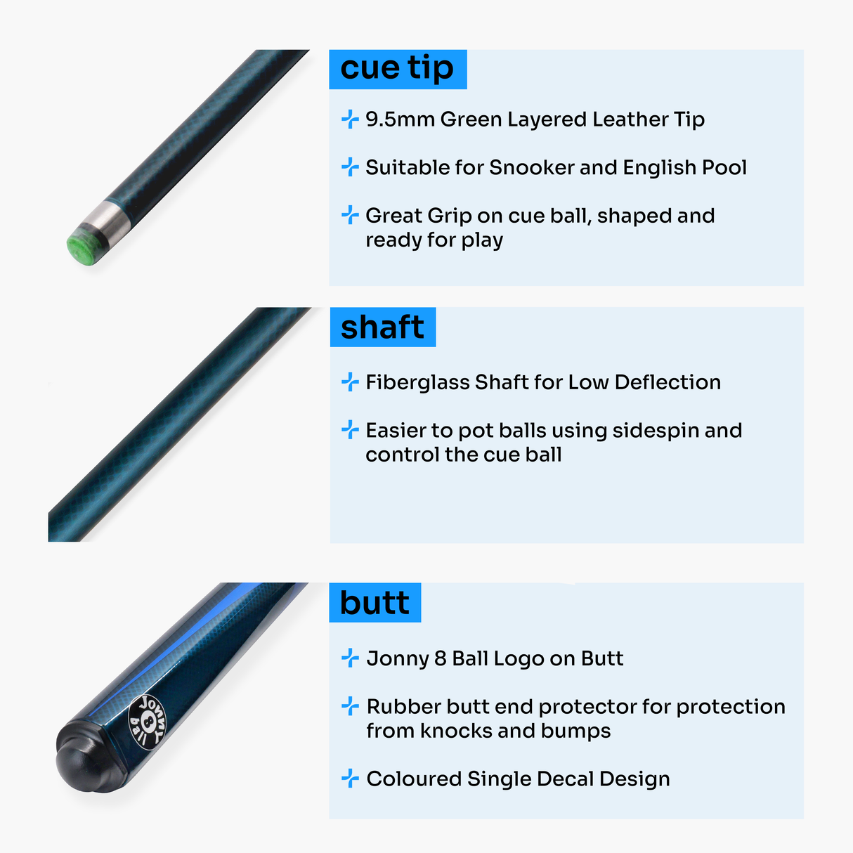 Jonny 8 Ball Inferno 2 Piece Graphite Fiberglass Cue and Case Set 9.5mm Green Layered Tip