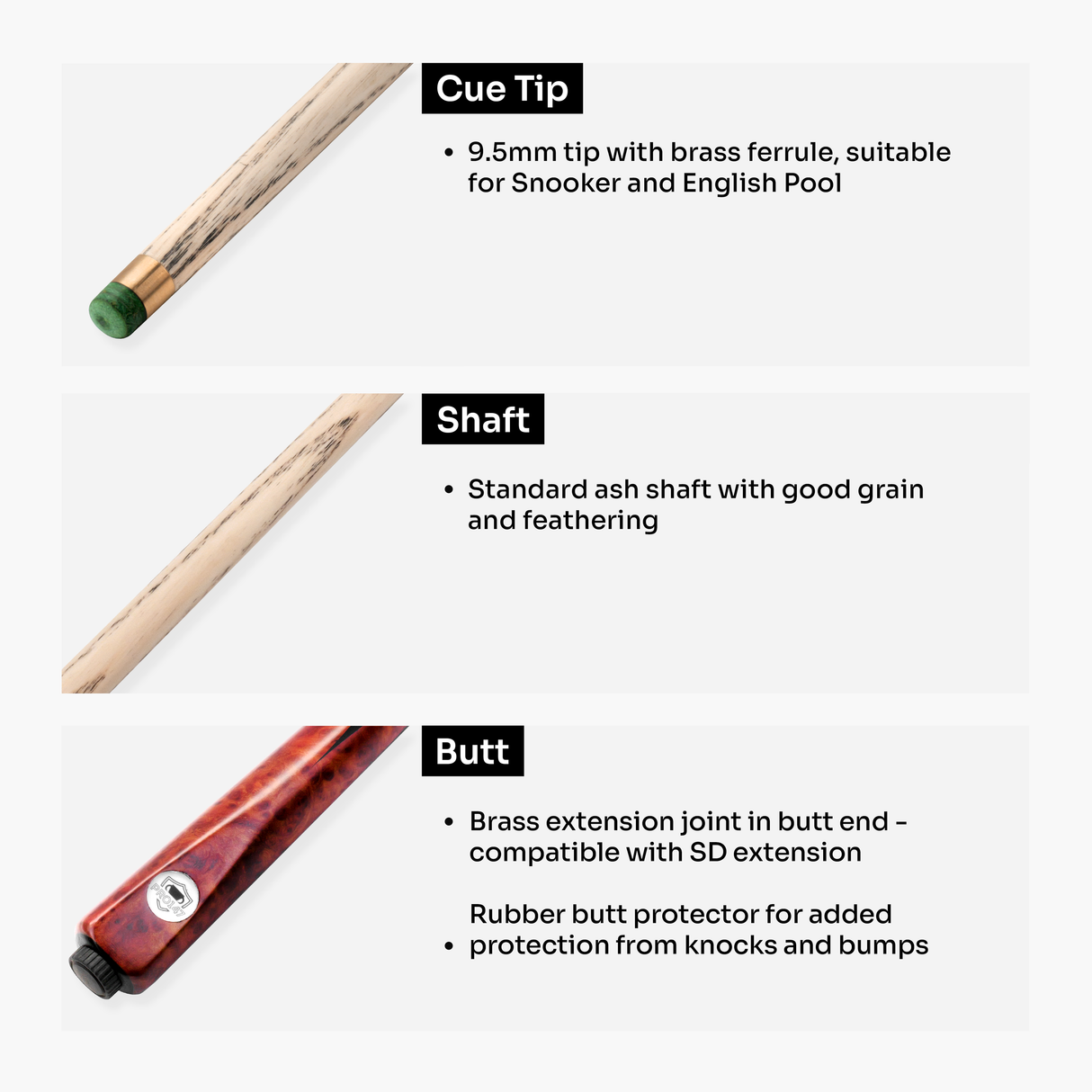 PRO147 Red Eclipse 3/4 Joint Snooker and Pool Cue 9.5mm Green Layered Tip
