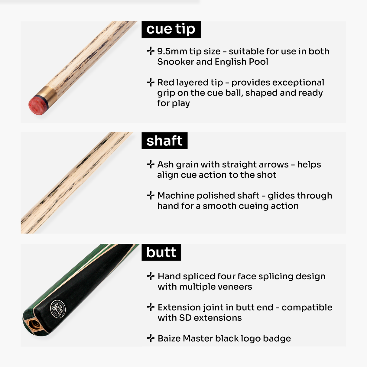 Baize Master Crucible 57 Inch 3/4 Jointed Snooker Pool Cue and Case Set 9.5mm Tip