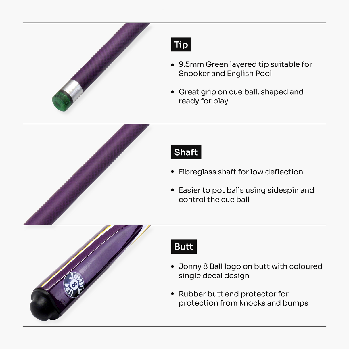 Jonny 8 Ball Inferno 2 Piece Graphite Fiberglass Snooker and Pool Cue 9.5mm Green Layered Tip