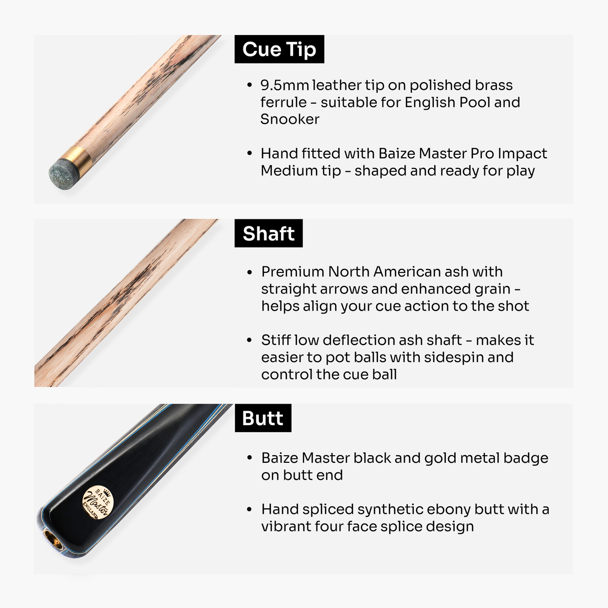 Baize Master Marine Centurion 58 Inch 3/4 Joint Hand Spliced Snooker and Pool Cue with 9.5mm Pro Impact Hybrid Tip Baize Master