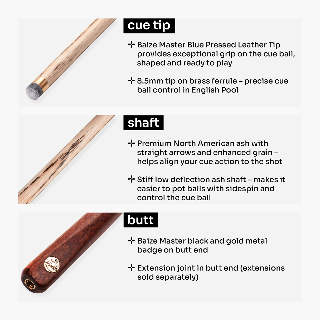 Baize Master Crimson Marksman 57 Inch 1 Piece English Pool Cue with 8.5mm Baize Master Blue Pressed Tip