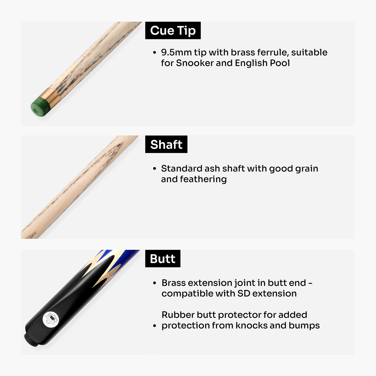 PRO147 Lancet 3/4 Joint Snooker and Pool Cue with 9.5mm Green Layered Tip