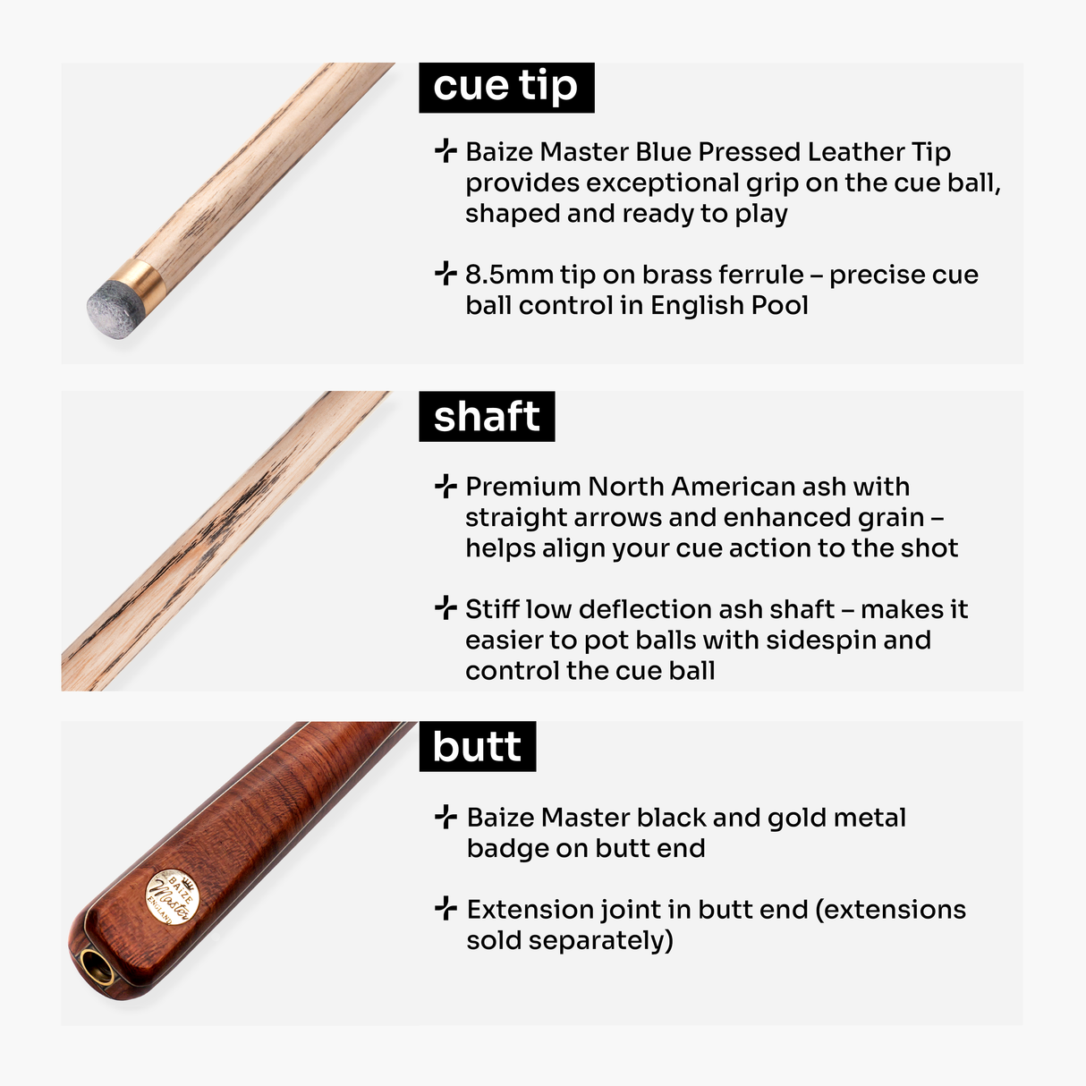 Baize Master Russet Marksman 57 Inch 1 Piece English Pool Cue with 8.5mm Baize Master Blue Pressed Tip