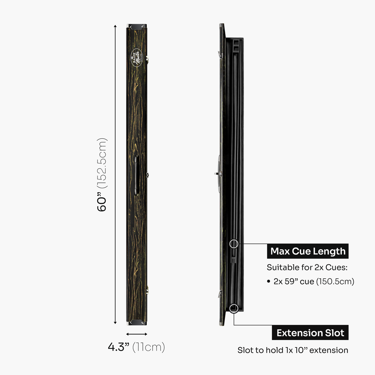 Baize Master Woodgrain 1 Piece 3 Slot Aluminium Snooker and Pool Cue Case - Holds 2 Cues + Extensions