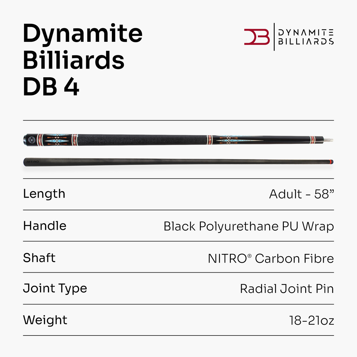 Dynamite Billiards DB4 Nitro Carbon Fiber American Pool Cue – 11.9mm HOW Black Tip – Designed by Darren Appleton