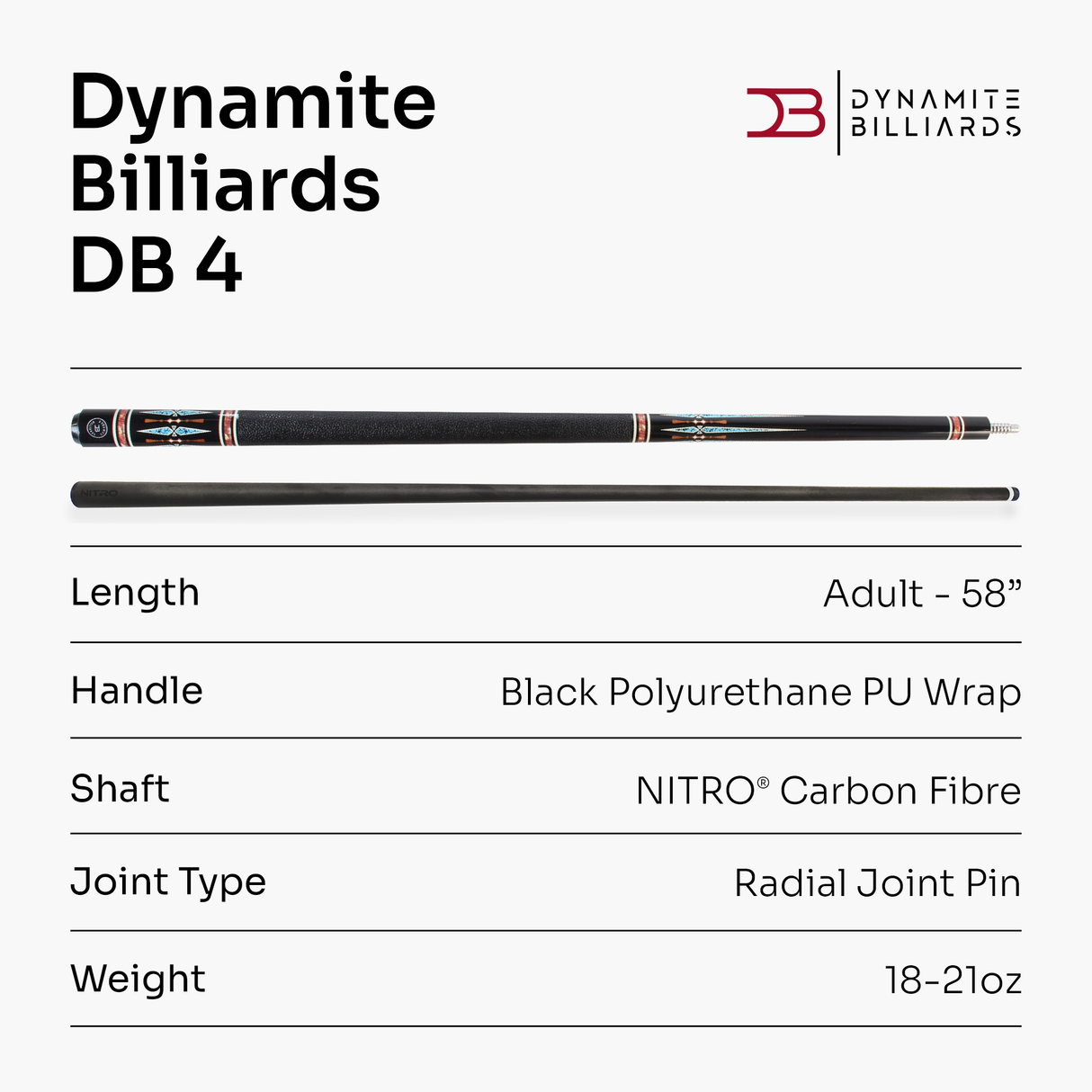 Dynamite Billiards DB4 Nitro Carbon Fiber American Pool Cue – 11.9mm HOW Black Tip – Designed by Darren Appleton