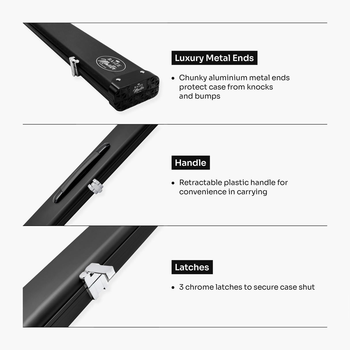 Baize Master Summit ¾ 3 Slot Luxury Aluminium Snooker and Pool Cue Case with Chunky Metal Ends – Holds 2 x ¾ Joint Cues