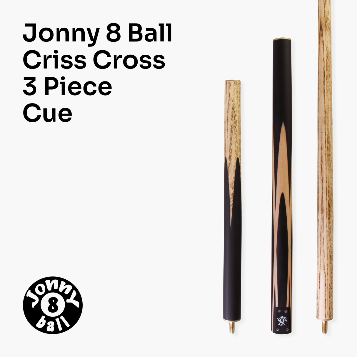 Jonny 8 Ball 57 Inch 3 Piece Length Adjustable Cue 9mm Tip - Shorten to 44 Inch + Black Reinforced Hard Case