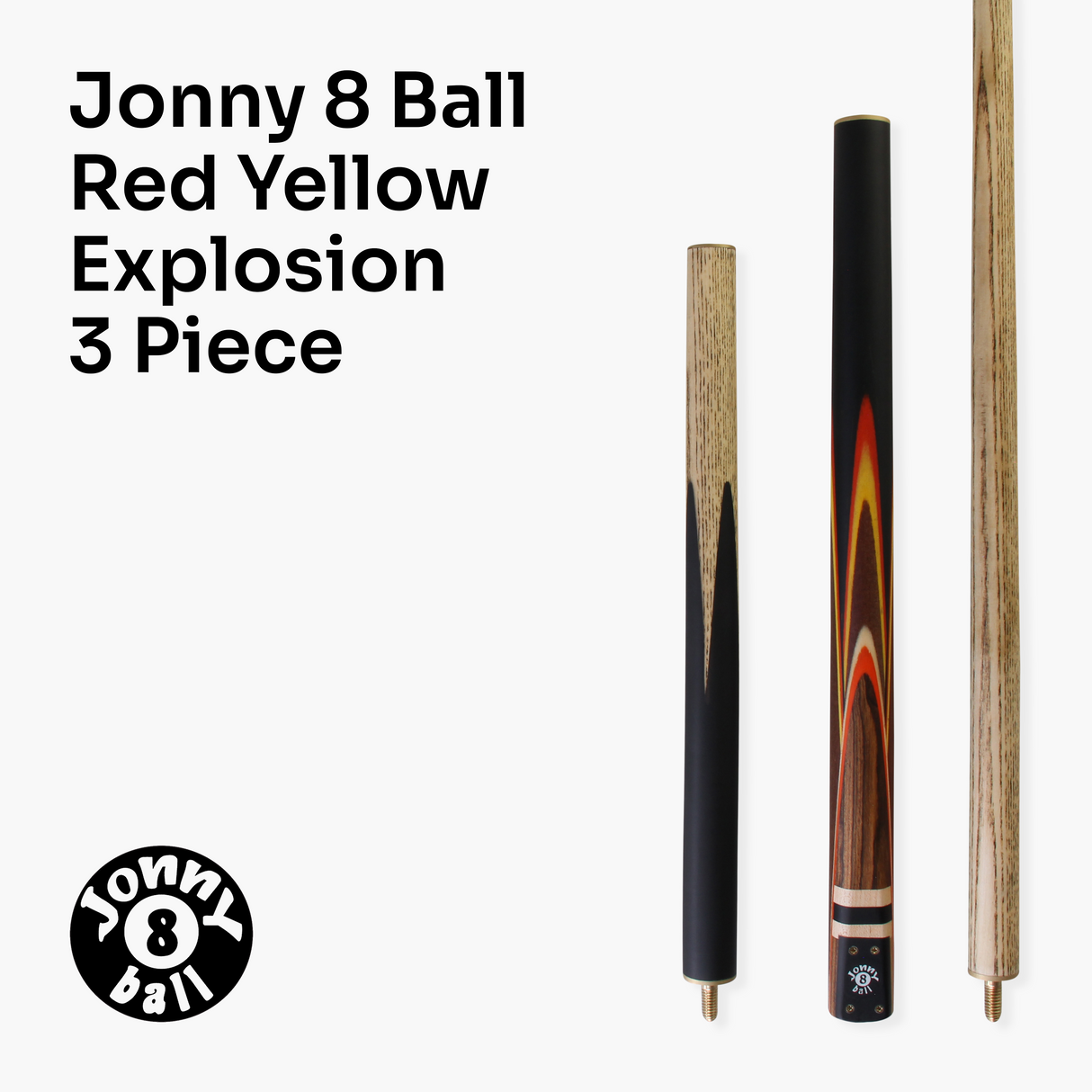 Jonny 8 Ball 57 Inch 3 Piece Length Adjustable Cue 9mm Tip - Shorten to 44 Inch + Black Reinforced Hard Case