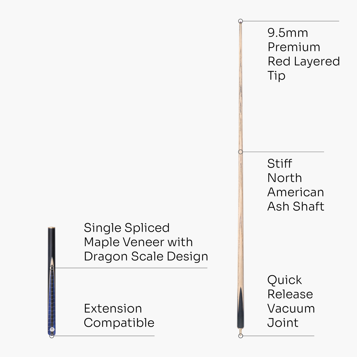 PRO147 Dragon Scale 57 Inch ¾ Joint Premium Ash Snooker and Pool Cue with 9.5mm Professional Layered Tip