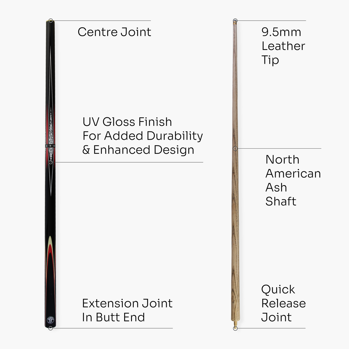 Jonny 8 Ball TRIDENT 57 Inch 2 Piece Centre Joint Ash Snooker Pool Cue with 9.5mm Tip