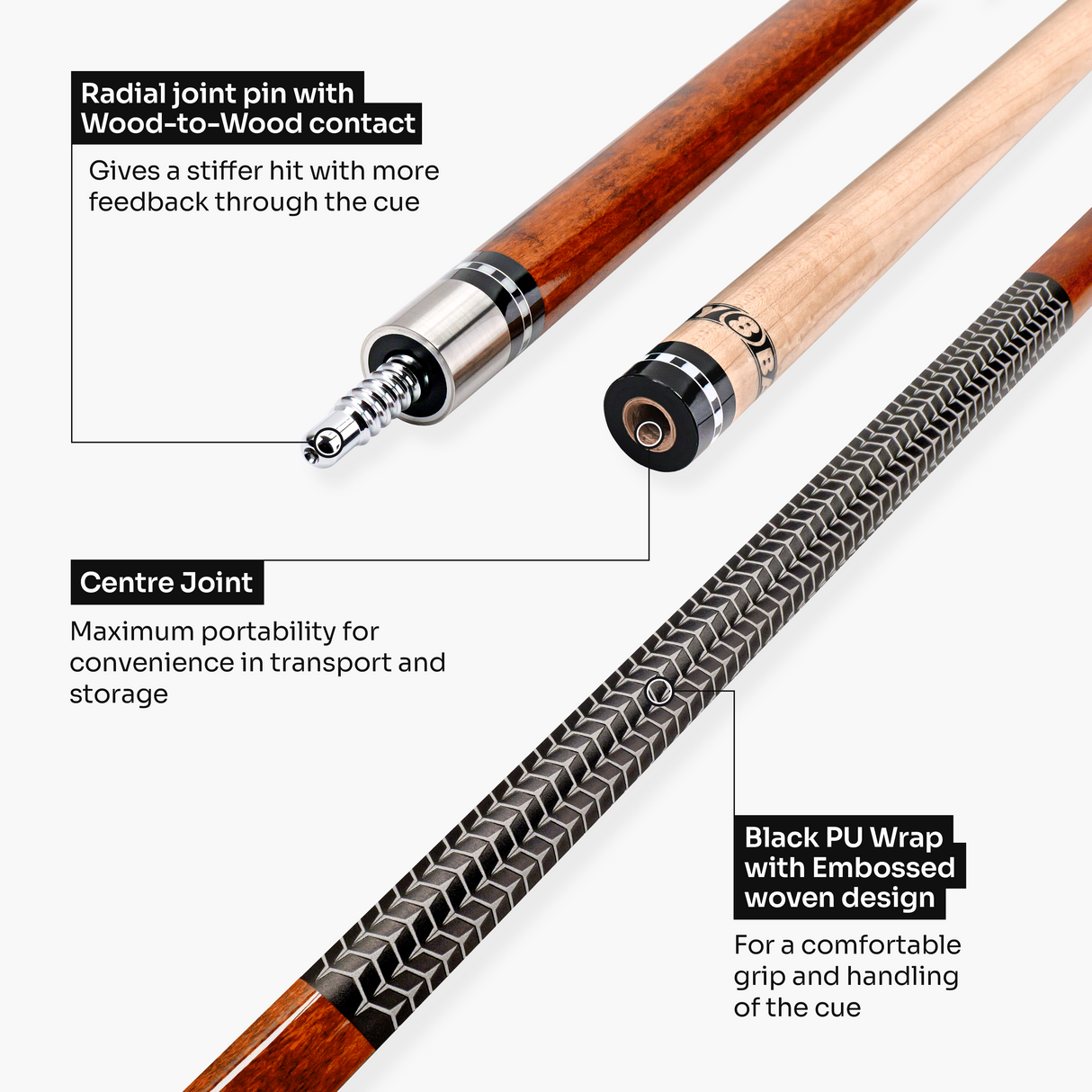 Jonny 8 Ball IRONWEAVE 2 Piece American Pool Cue and Case Set with 12.5mm Layered Leather Tip