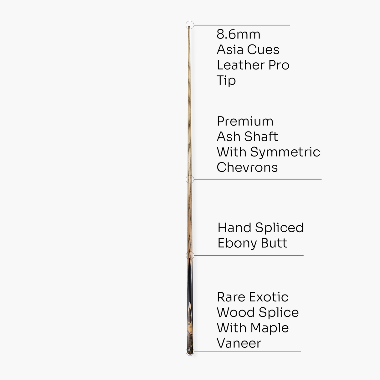 Baize Master Ultimate #007 59 Inch One Piece Hand Spliced Ebony Butt English Pool Cue with Hand-Fitted Asia Cues Pro 8.3mm Tip – Handmade in Thailand by Asia Cues