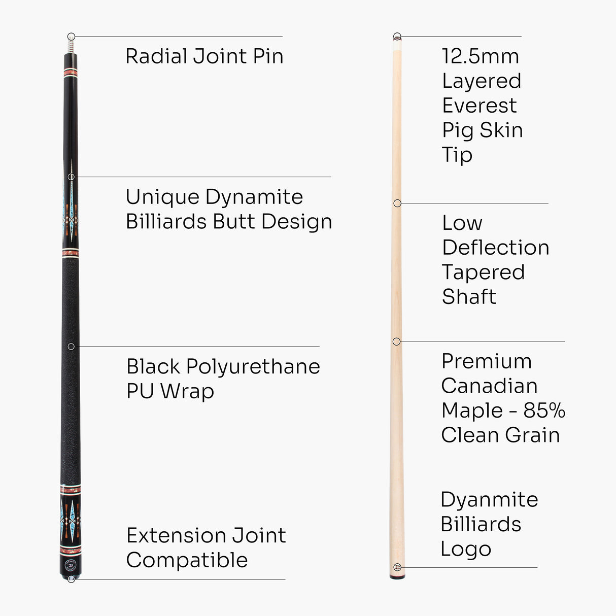 Dynamite Billiards DB4 American Maple Pool Cue – 12.5mm Tip – Designed by Darren Appleton