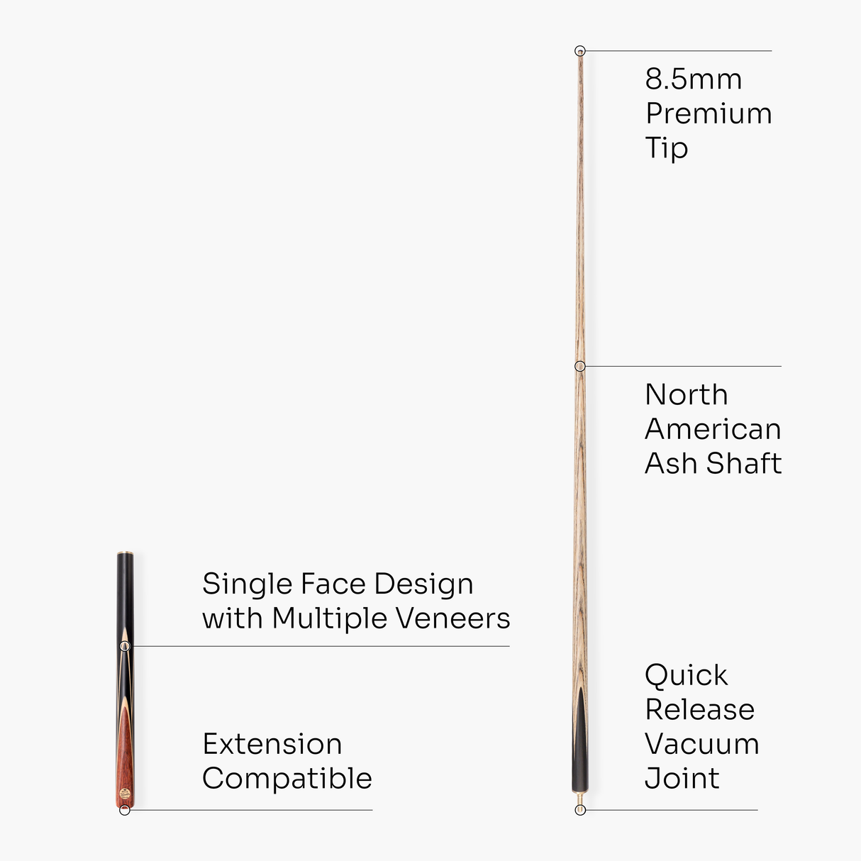 Baize Master Gold Series White Ascot 3/4 Joint Hand Spliced English Pool Cue with 8.5mm Tip