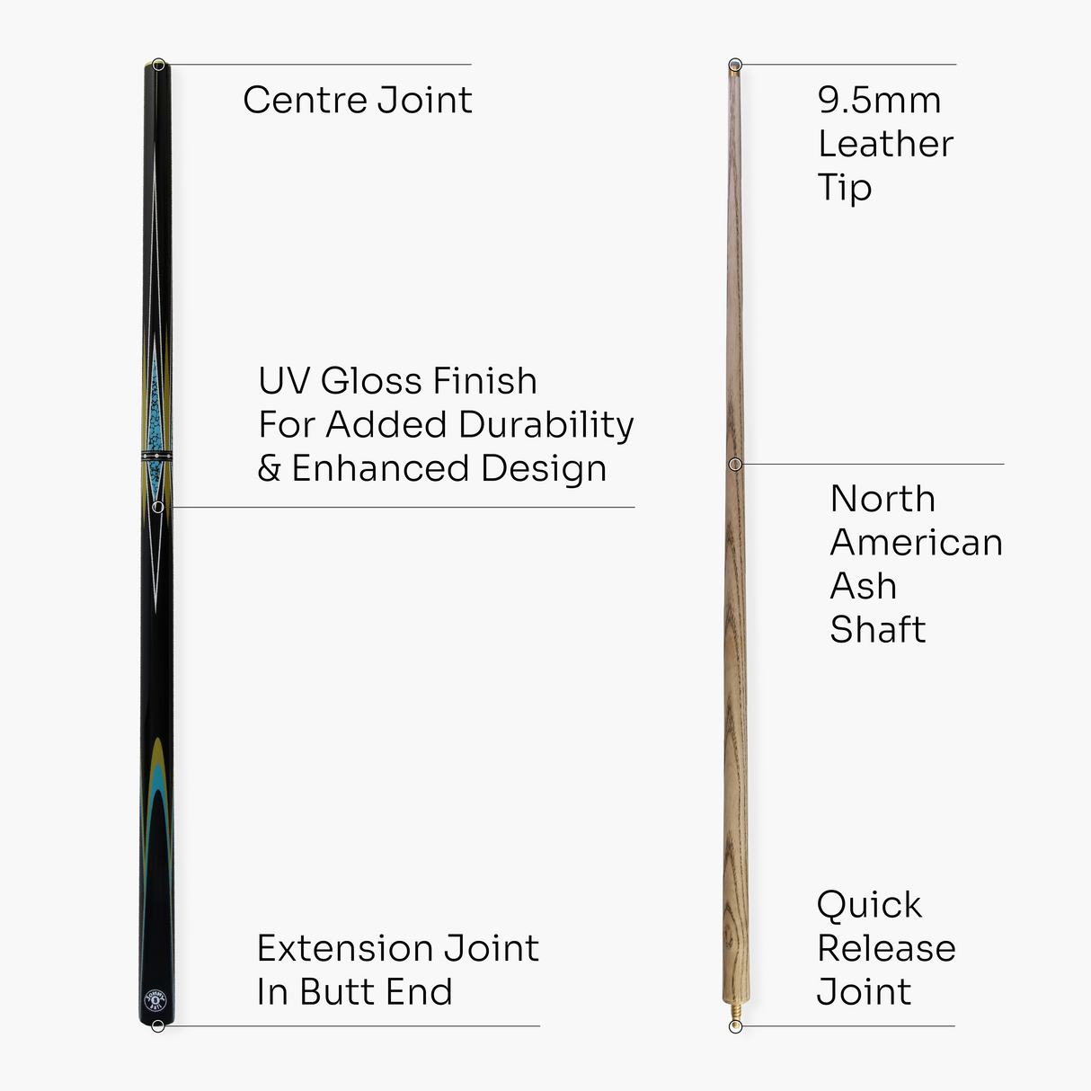 Jonny 8 Ball TRIDENT 57 Inch 2 Piece Centre Joint Ash Snooker Pool Cue with 9.5mm Tip