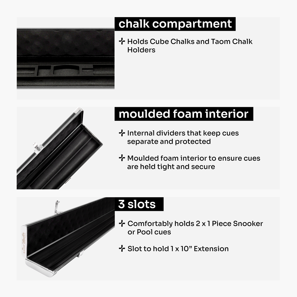 Baize Master Prestige Pro-Lock 1 Piece Luxury Metal Cue Case - Holds 2 x 1 Piece Cues + Extensions and Accessories