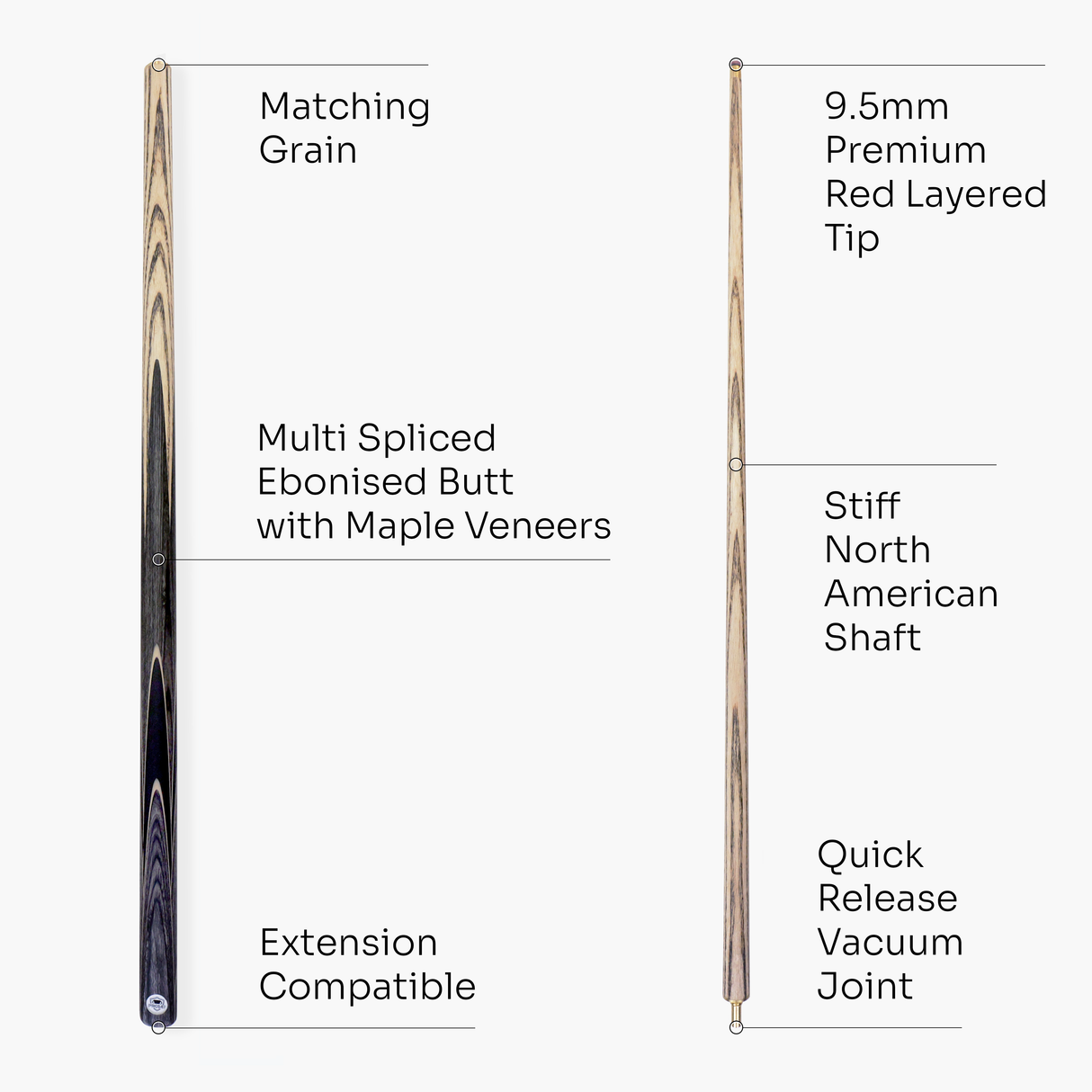 PRO147 Pearl Series Grey Hand Spliced 2 Piece 57 Inch Snooker Pool Cue with Smooth Premium Ash Shaft and Ebony Style Butt with 9.5mm Pro Leather Tip