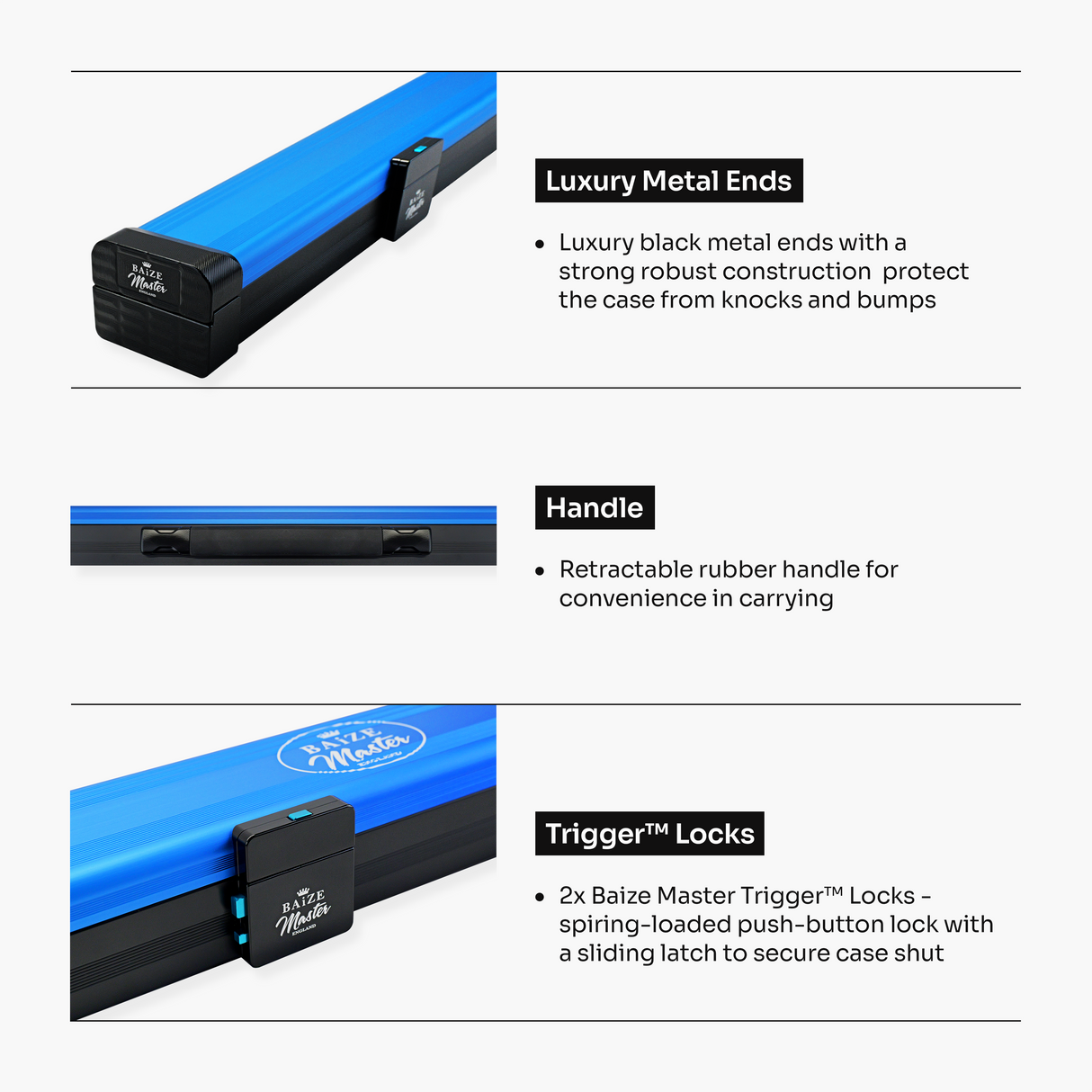 Baize Master Fusion ¾ 2 Slot Luxury Aluminium Snooker and Pool Cue Case with Trigger™ Lock – Holds 1 x ¾ Joint Cue + Extensions Baize Master