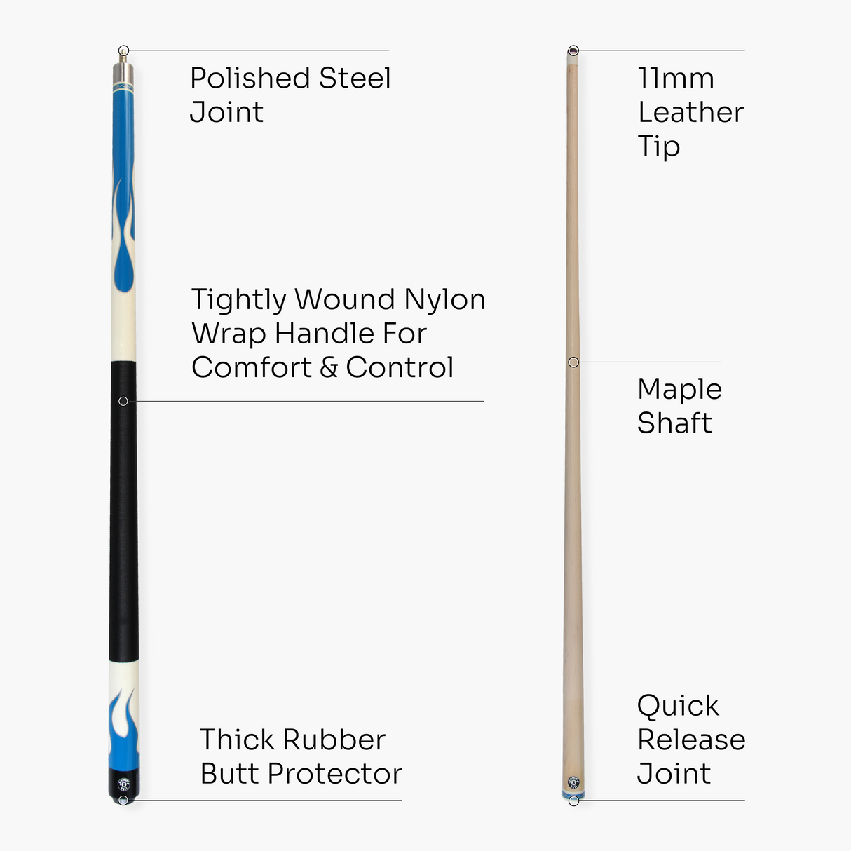 Jonny 8 Ball Flame 58" Maple Pool Snooker Cue with 11mm Tip and Hard Case