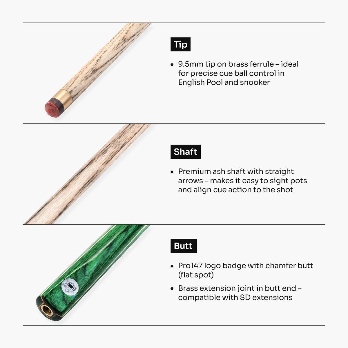 PRO147 Trident 1 Piece Snooker and Pool Cue and Case Set with 9.5mm Layered Tip