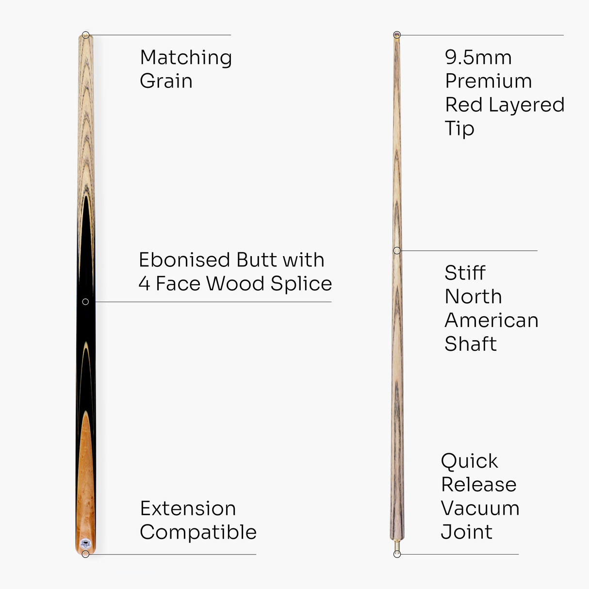 PRO147 Pearl Series Olive Hand Spliced 2 Piece 57 Inch Snooker Pool Cue with Smooth Premium Ash Shaft and Ebony Style Butt with 9.5mm Pro Leather Tip