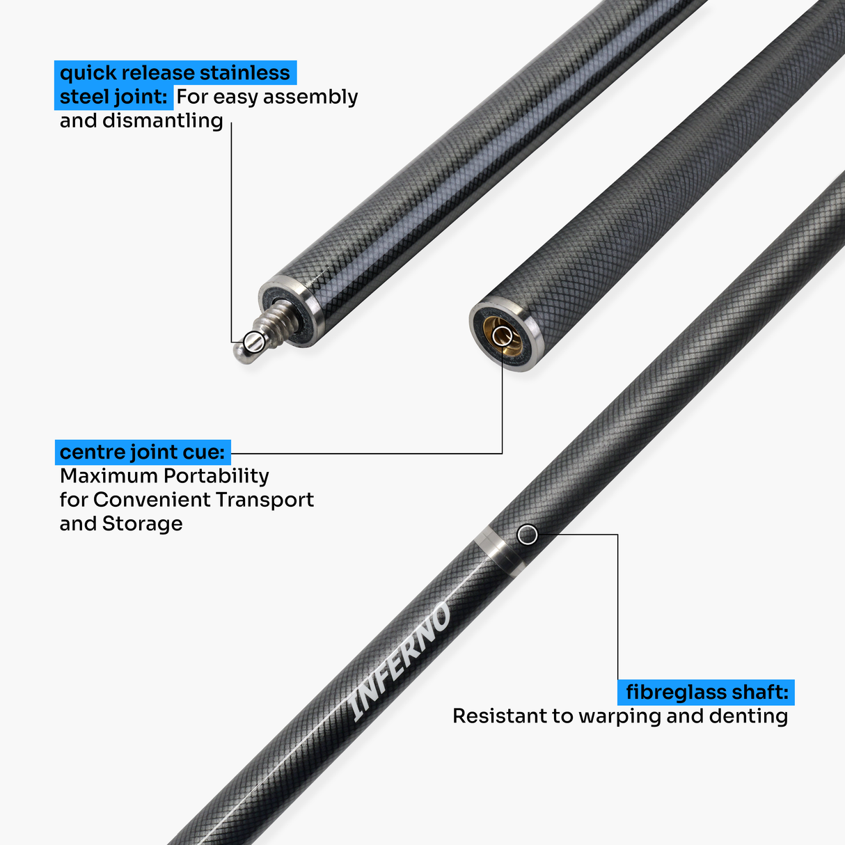 Jonny 8 Ball Inferno 2 Piece Graphite Fiberglass Snooker and Pool Cue 9.5mm Green Layered Tip