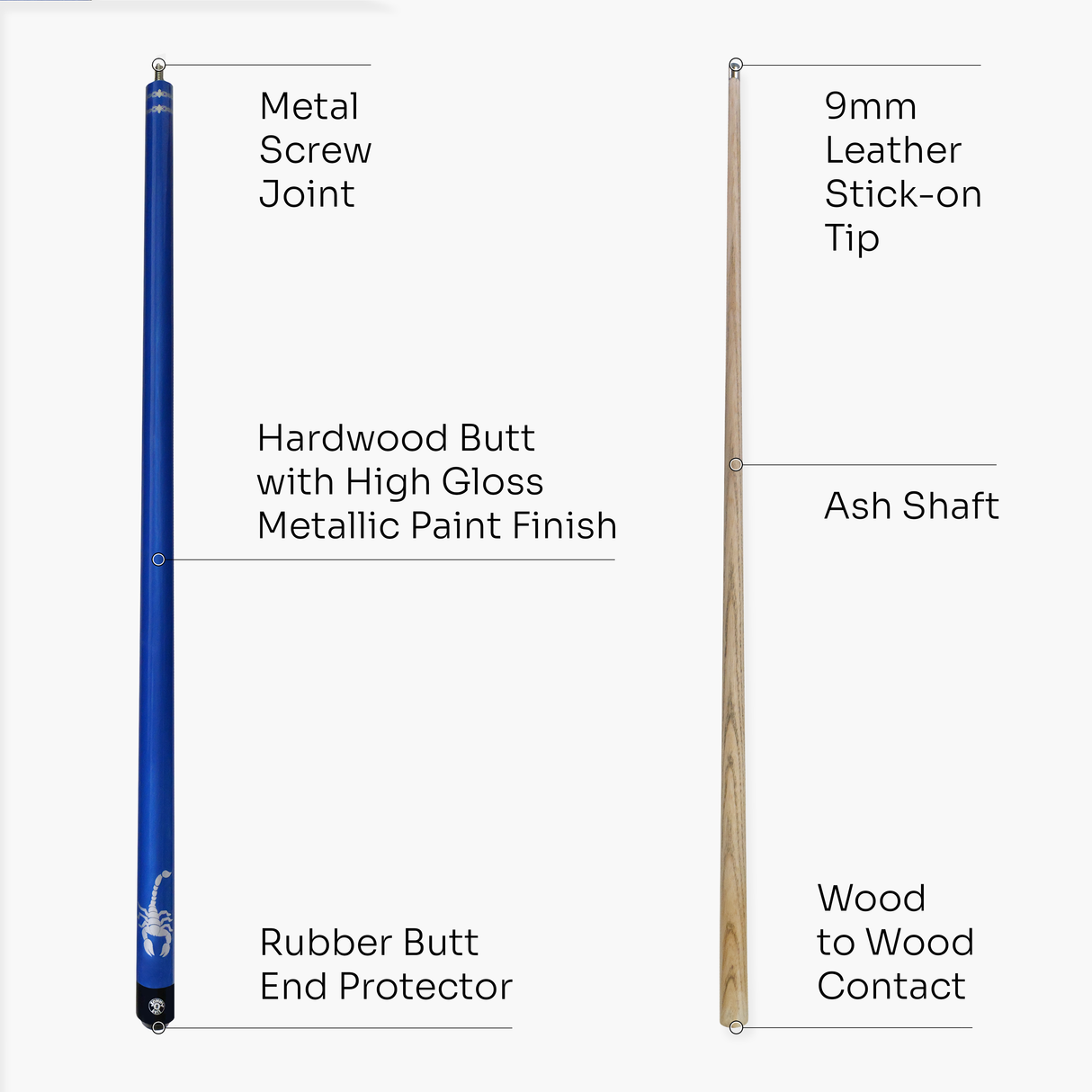 Jonny 8 Ball SCORPION 57 Inch 2 Piece Ash Snooker Pool Cue 9mm Tip