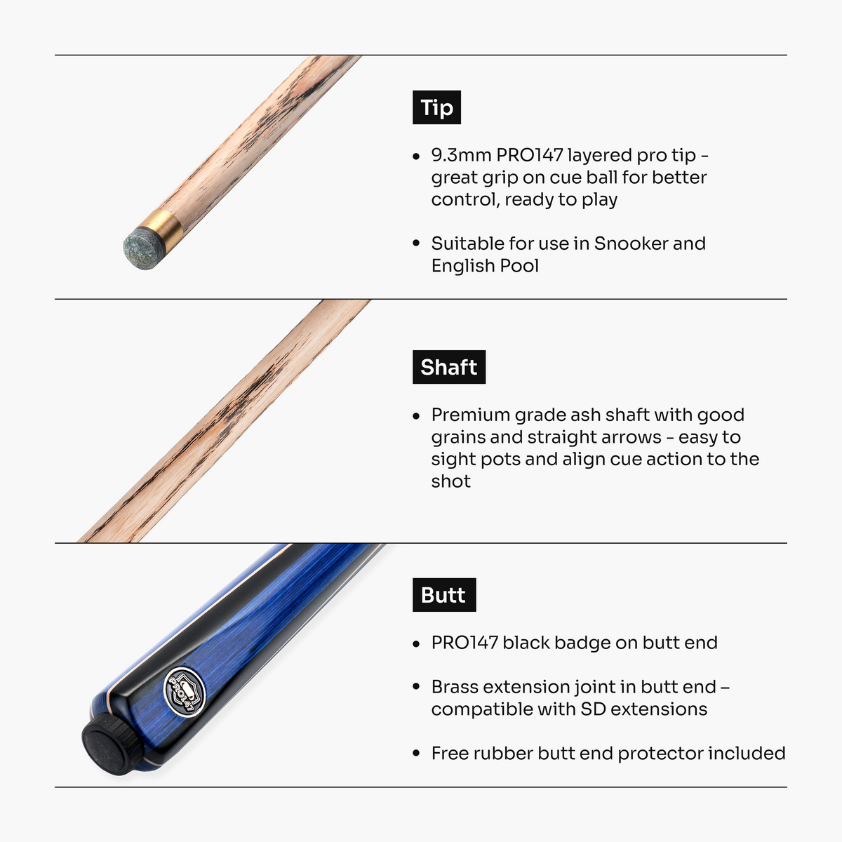 PRO147 Jester 1 Piece Snooker and Pool Cue and Case Set with 9.3mm Pro Tip