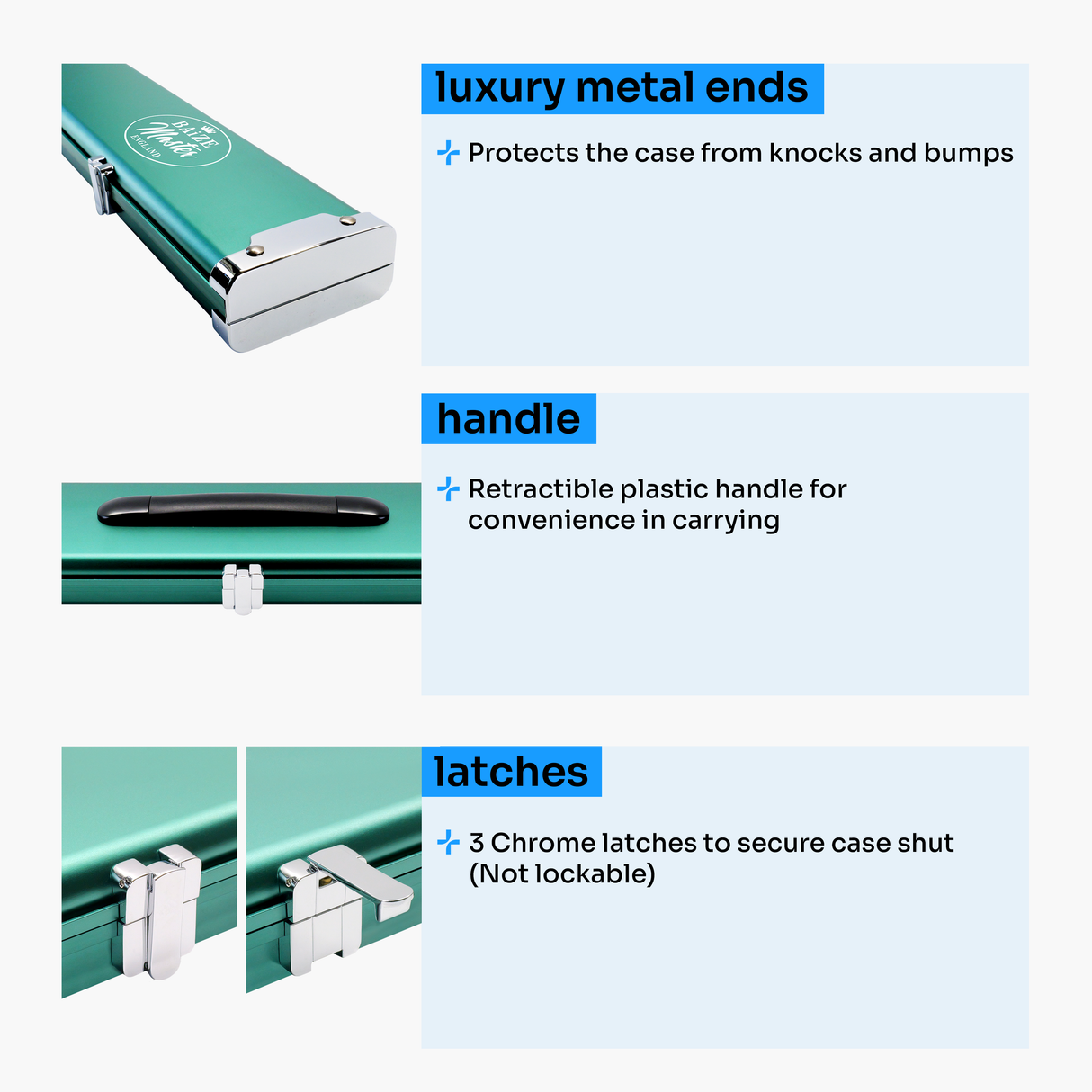 Baize Master Prestige 1 Piece Luxury Metal Cue Case - Holds 2 x 1 Piece Cues + Extensions + Accessories