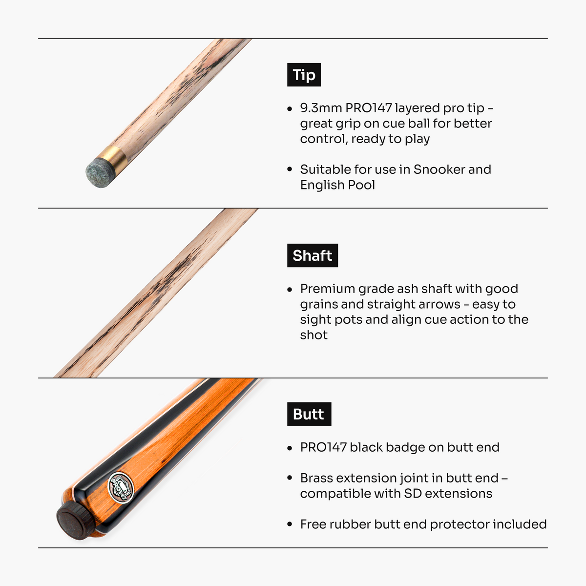 PRO147 Jester 1 Piece Snooker and Pool Cue and Case Set with 9.3mm Pro Tip
